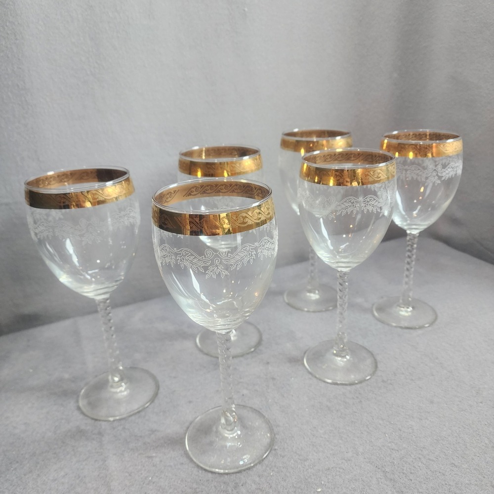 Vintage Wine Glasses Gold Etched Rim Frosted Filigree Twisted Stem Set of 6